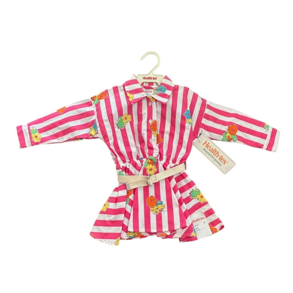 Vintage Health-tex Toddler Girls 2T Pink White Stripe Flower Belted‎ Shirt Dress
